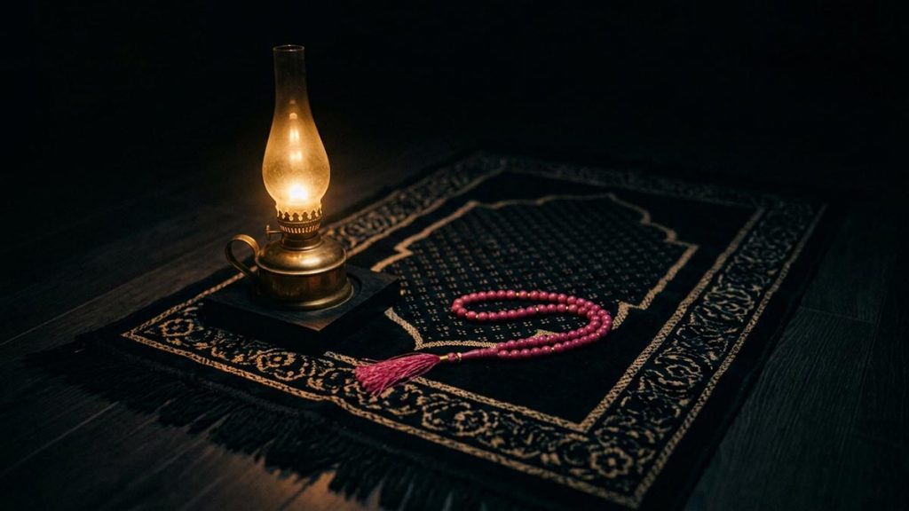 A still-life of a prayer mat with a lamp burning low in the depth of night, illustrating the Dua for Repentance.