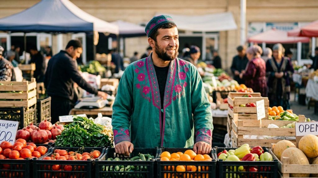 A Muslim man at a market stall of fresh produce in the morning, an opening scene for the Dua for Rizq.
