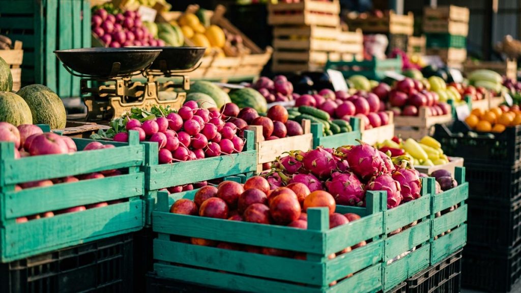 A still-life of crates of fresh fruit and vegetables stacked at a market stall, illustrating the Dua for Rizq.
