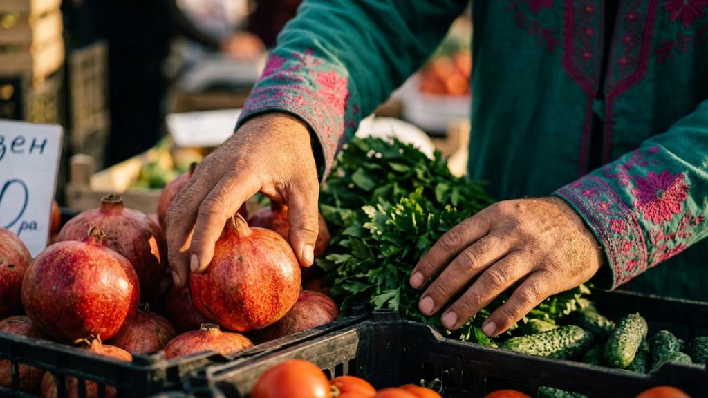 Close view of a Muslim man's hands and the crates of fresh fruit and vegetables during the Dua for Rizq.