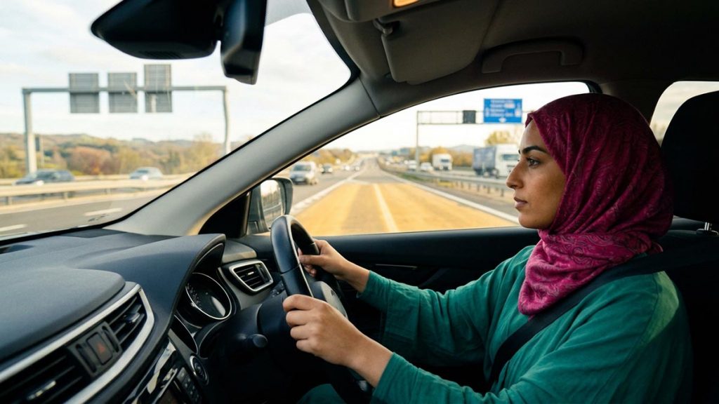 A Muslim woman behind the wheel on a motorway in daylight, an opening scene for the Dua for Safe Driving.