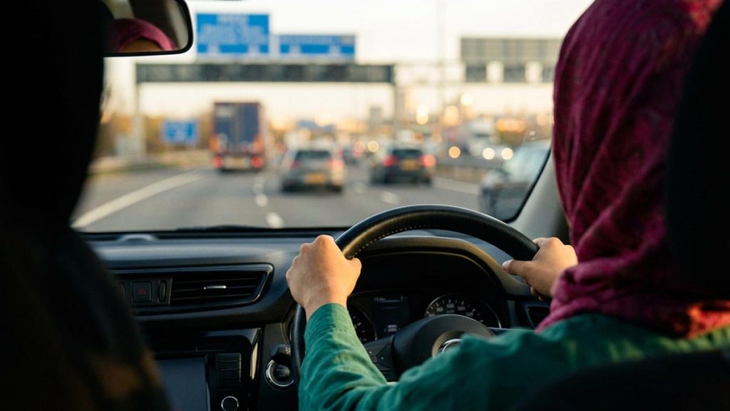 A Muslim woman seen from behind behind the wheel on a motorway in daylight, reflecting the Dua for Safe Driving.