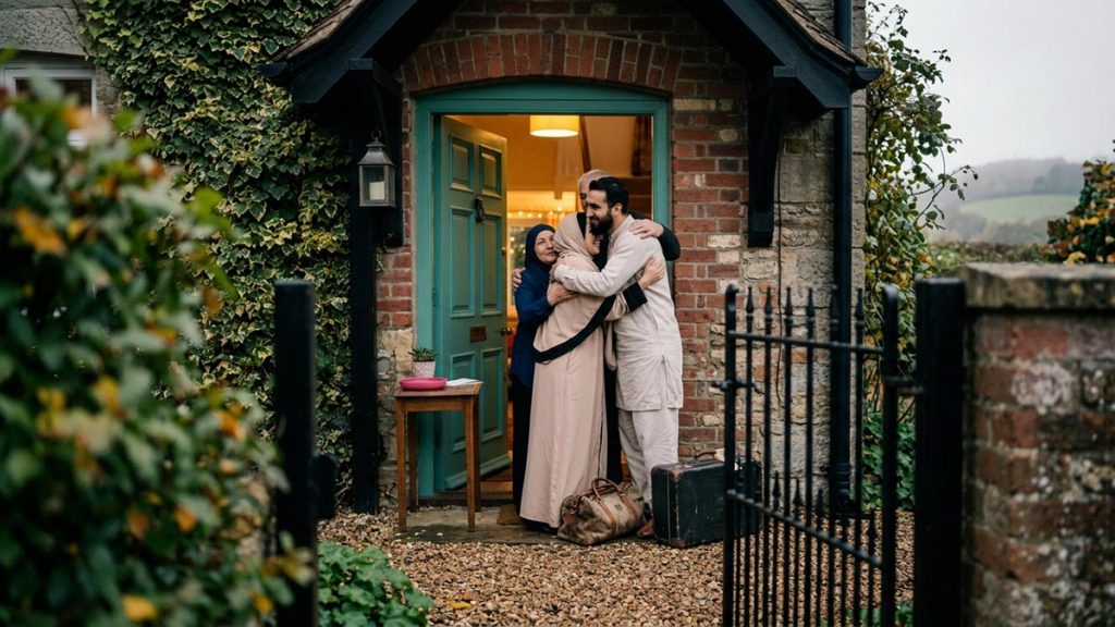 A Muslim family in a doorway where family welcome a traveller home, an opening scene for the Dua for Safe Return.