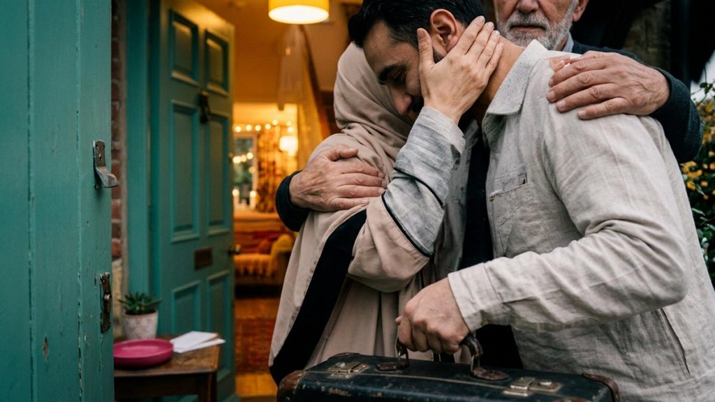 Close view of a Muslim family's hands and the doorway during the Dua for Safe Return.