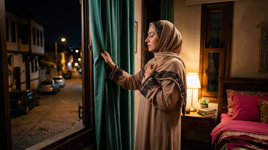 A Muslim woman at a bedroom window looking out on a quiet night street, an opening scene for the Dua for Safety at Night.