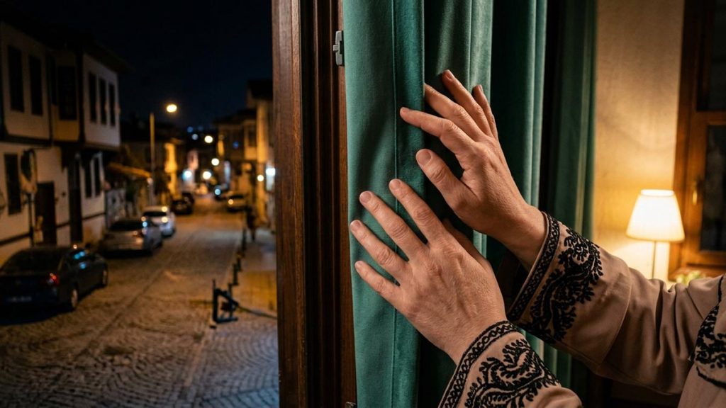 Close view of a Muslim woman's hands and the curtained window during the Dua for Safety at Night.