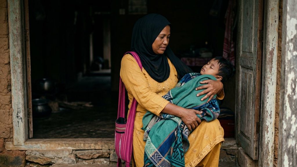 A Muslim woman in a sheltered doorway of a family home, an opening scene for the Dua for Safety During Conflict.