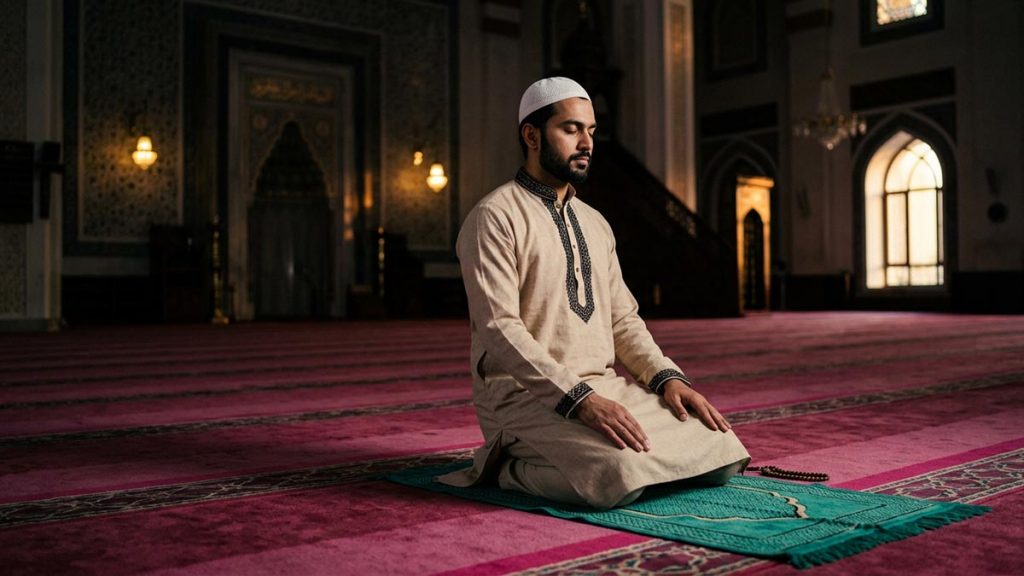 A Muslim man alone in an empty prayer hall with no one watching, an opening scene for the Dua for Sincerity in Worship.