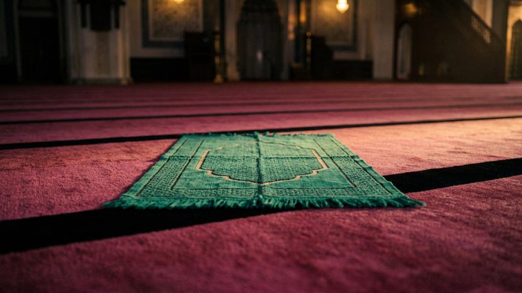 A still-life of a single prayer mat alone on a wide empty carpet, illustrating the Dua for Sincerity in Worship.