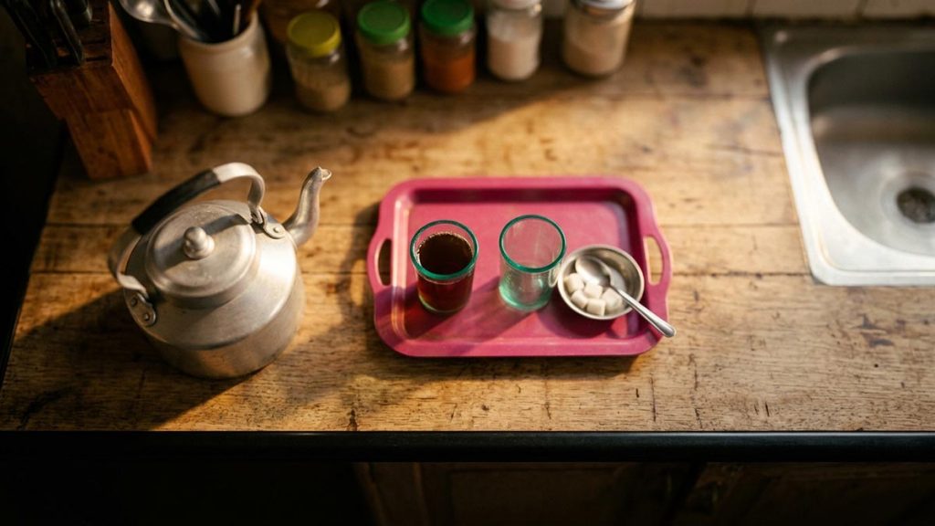 A still-life of two tea glasses set side by side on a kitchen counter, illustrating the Dua for Spouse.