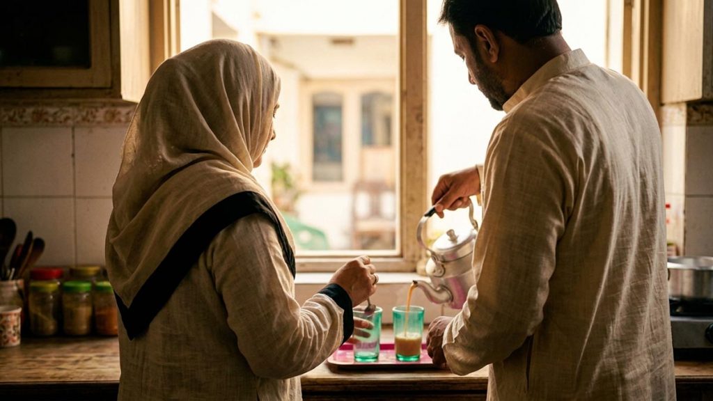 A Muslim family seen from behind in a warm kitchen where a couple prepare tea together, reflecting the Dua for Spouse.