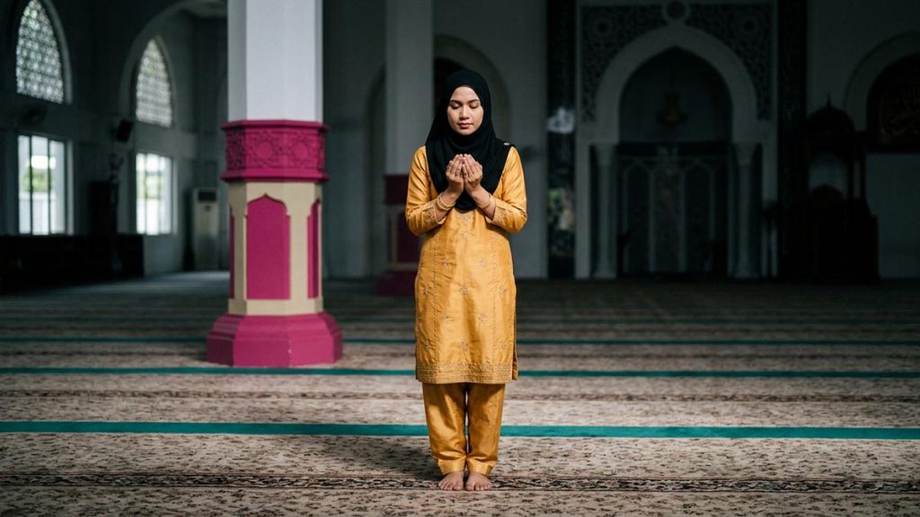 A Muslim woman in a mosque prayer hall standing firm and still, an opening scene for the Dua for Steadfastness.