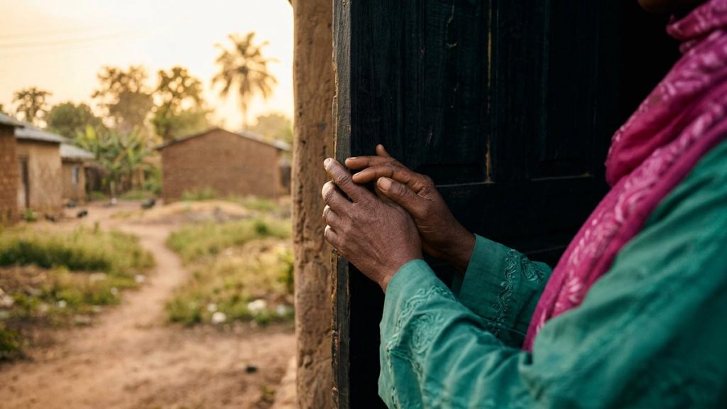 Close view of a Muslim woman's hands and the open door during the Dua for Strength.