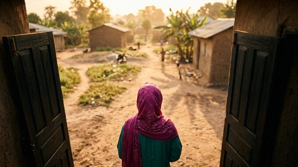 A Muslim woman seen from behind at an open doorway facing the morning, reflecting the Dua for Strength.