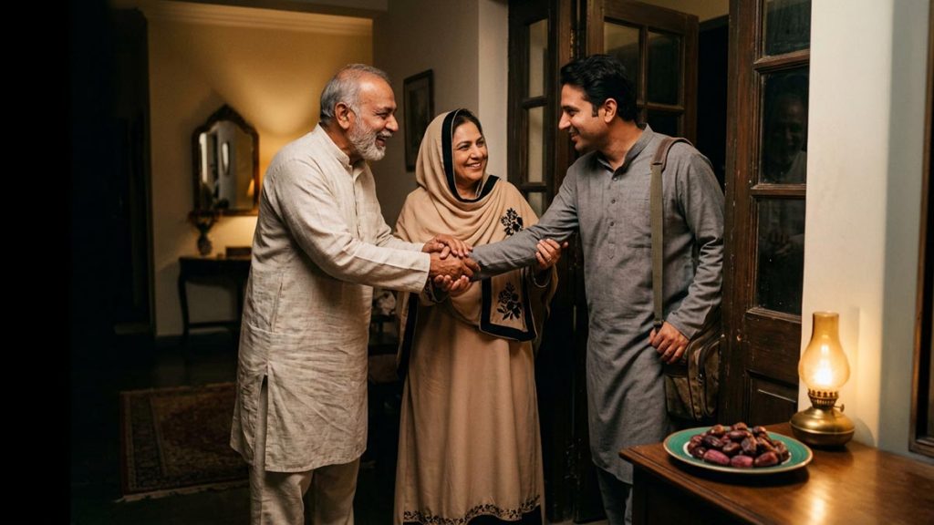 A Muslim family at a doorway where a relative is welcomed in, an opening scene for the Dua for Strengthening Kinship.