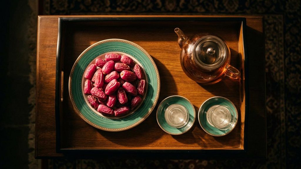 A still-life of a plate of dates and a fresh pot of tea set out for a visiting relative, illustrating the Dua for Strengthening Kinship.
