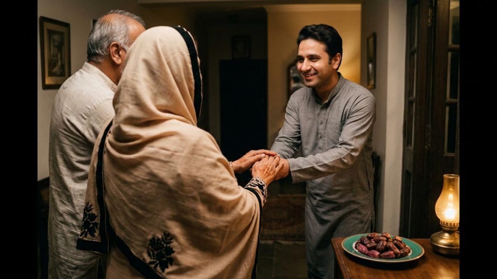 A Muslim family seen from behind at a doorway where a relative is welcomed in, reflecting the Dua for Strengthening Kinship.