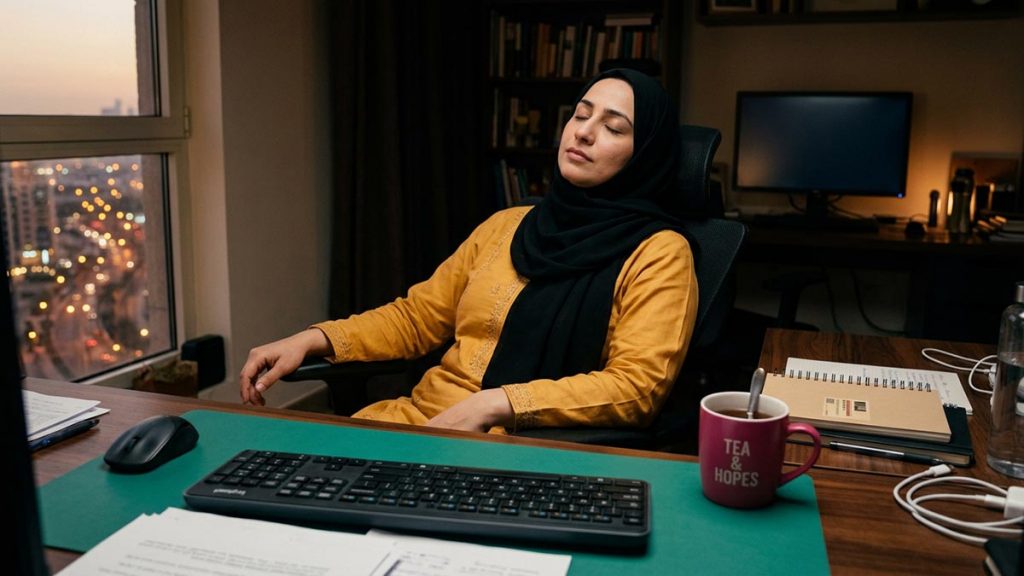 A Muslim woman at a desk cleared at the end of a demanding day, an opening scene for the Dua for Stress.