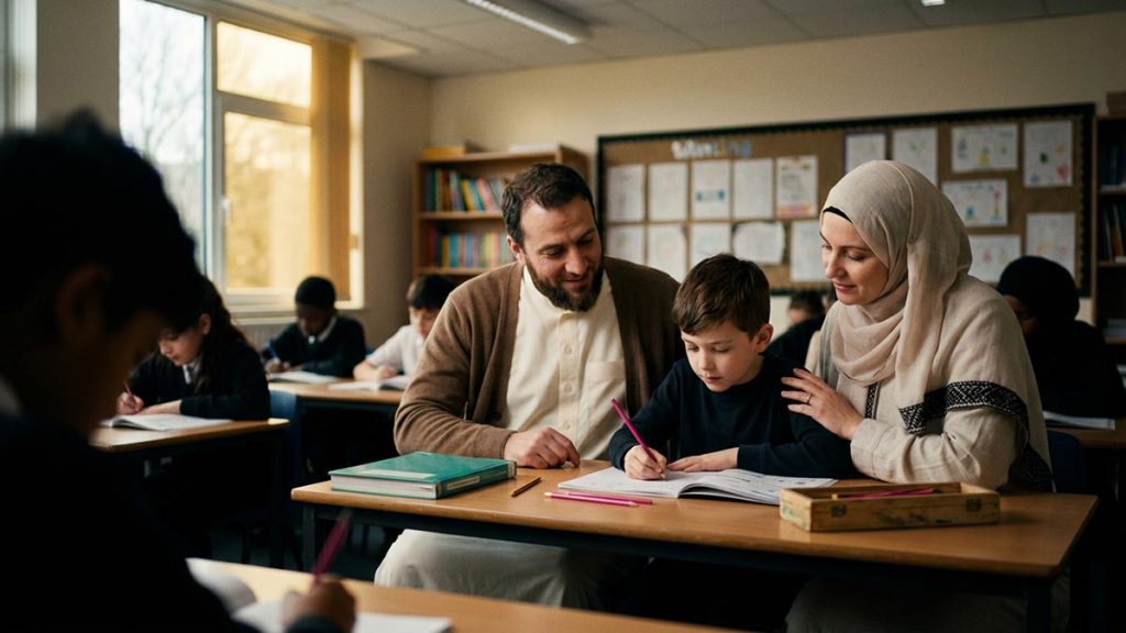 A Muslim family at a classroom desk where students work at their books, an opening scene for the Dua for Students.