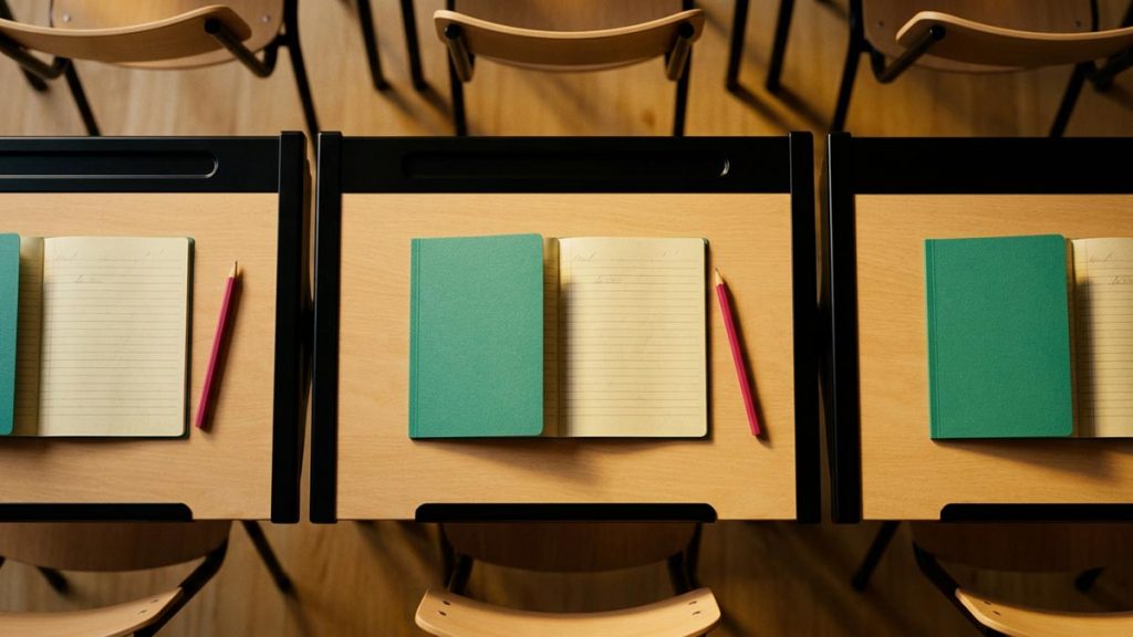 A still-life of open exercise books and pencils on a row of classroom desks, illustrating the Dua for Students.