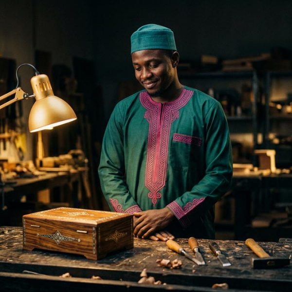 A Muslim man making the Dua for Success, at a workshop bench where a finished piece rests.
