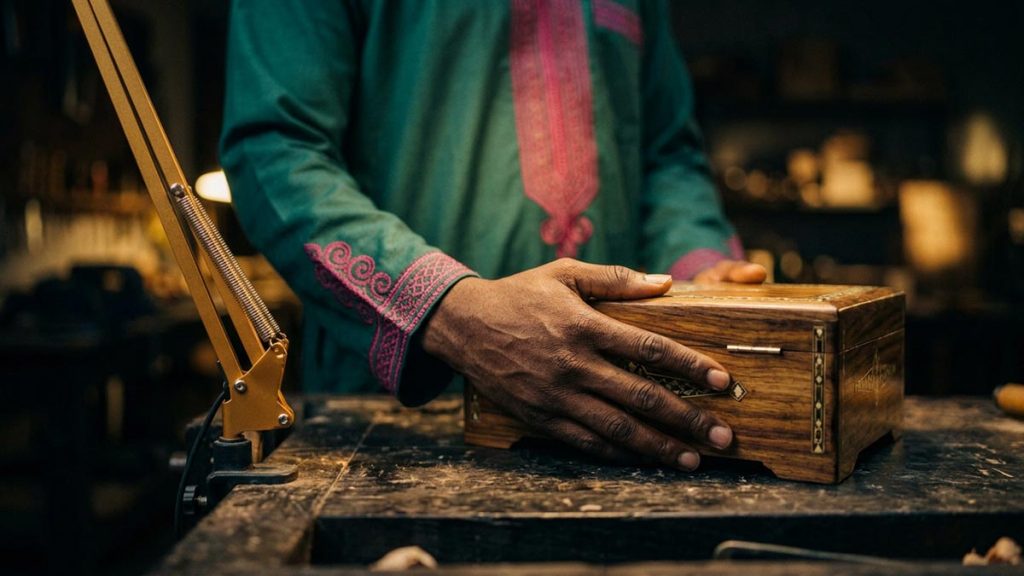Close view of a Muslim man's hands and the finished handcrafted piece during the Dua for Success.