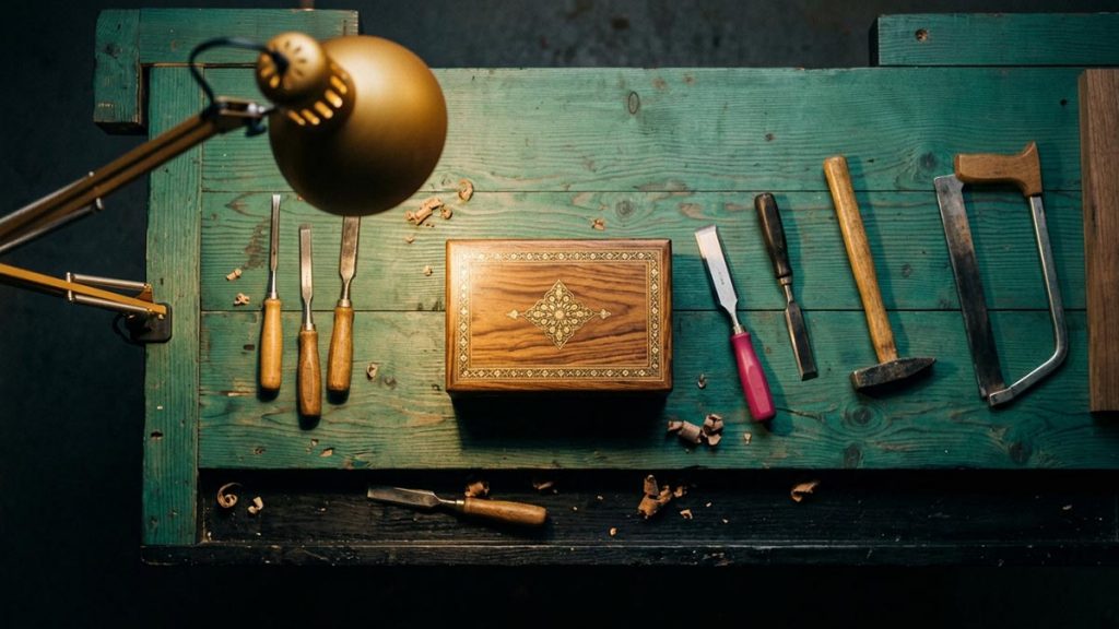 A still-life of a finished handcrafted piece resting on a workbench beside its tools, illustrating the Dua for Success.