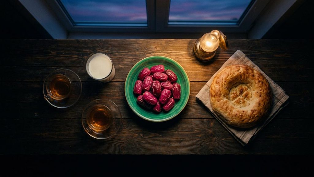 A still-life of a bowl of dates, bread and a glass of milk at a pre-dawn table, illustrating the Dua for Suhoor.