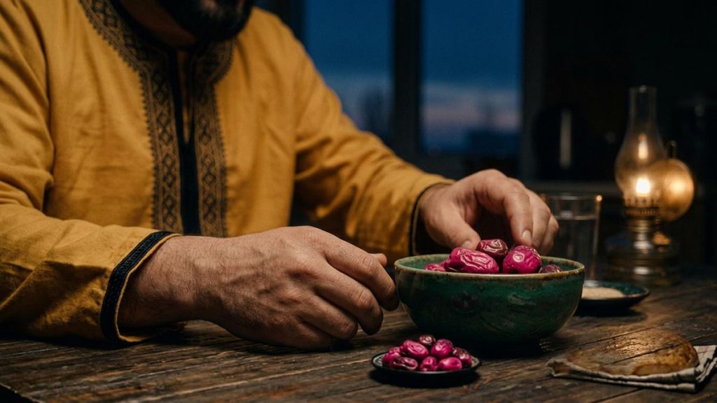 Close view of a Muslim man's hands and the bowl of dates during the Dua for Suhoor.