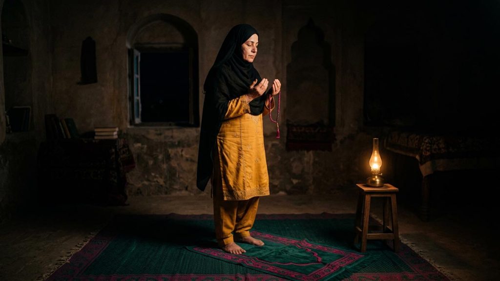 A Muslim woman on a prayer mat in the depth of the night, an opening scene for the Dua for Tahajjud.