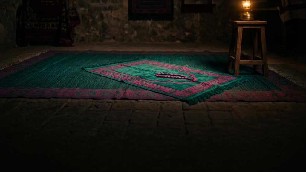 A still-life of a prayer mat and a small lamp in a dark room in the small hours, illustrating the Dua for Tahajjud.