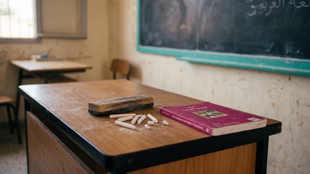 A still-life of chalk, a board rubber and a lesson book on a teacher's desk, illustrating the Dua for Teachers.