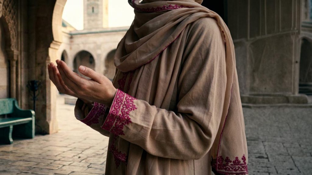 Close view of a Muslim woman's hands and the quiet courtyard during the Dua for the Deceased.