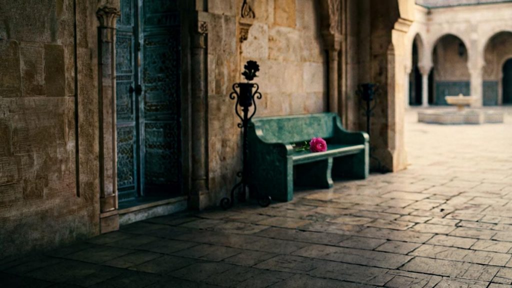 A still-life of a quiet courtyard with a single flower laid on a stone bench, illustrating the Dua for the Deceased.