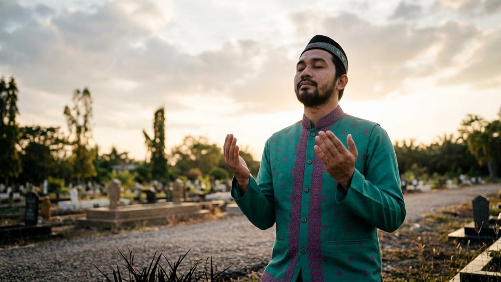 A Muslim man at the quiet edge of a cemetery beneath open sky, an opening scene for the Dua for the Grave.