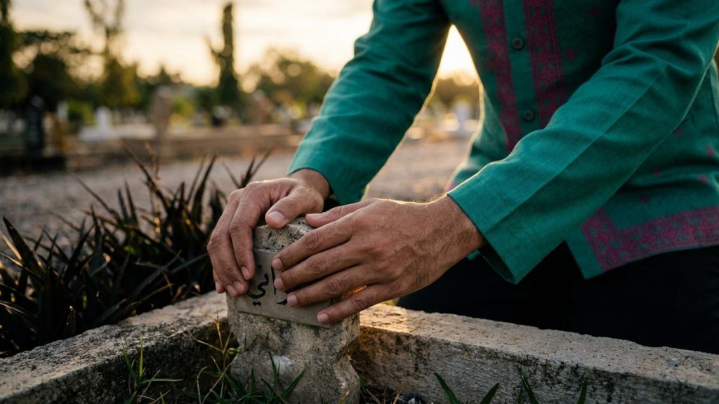 Close view of a Muslim man's hands and the simple grave marker during the Dua for the Grave.