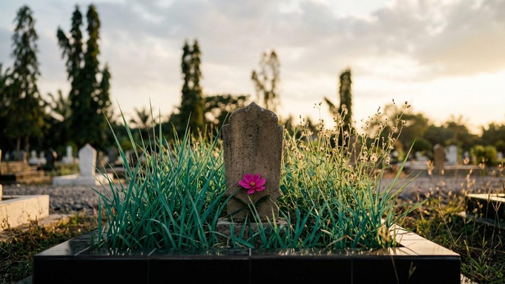 A still-life of a simple grave marker in grass beneath a wide calm sky, illustrating the Dua for the Grave.
