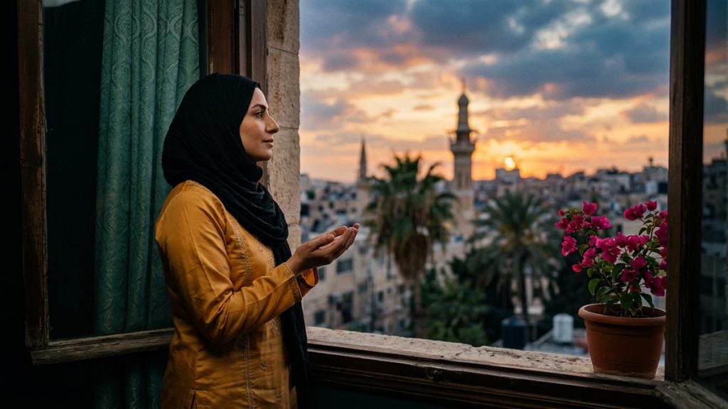 A Muslim woman at a window looking out on a wide evening sky, an opening scene for the Dua for the Hereafter.