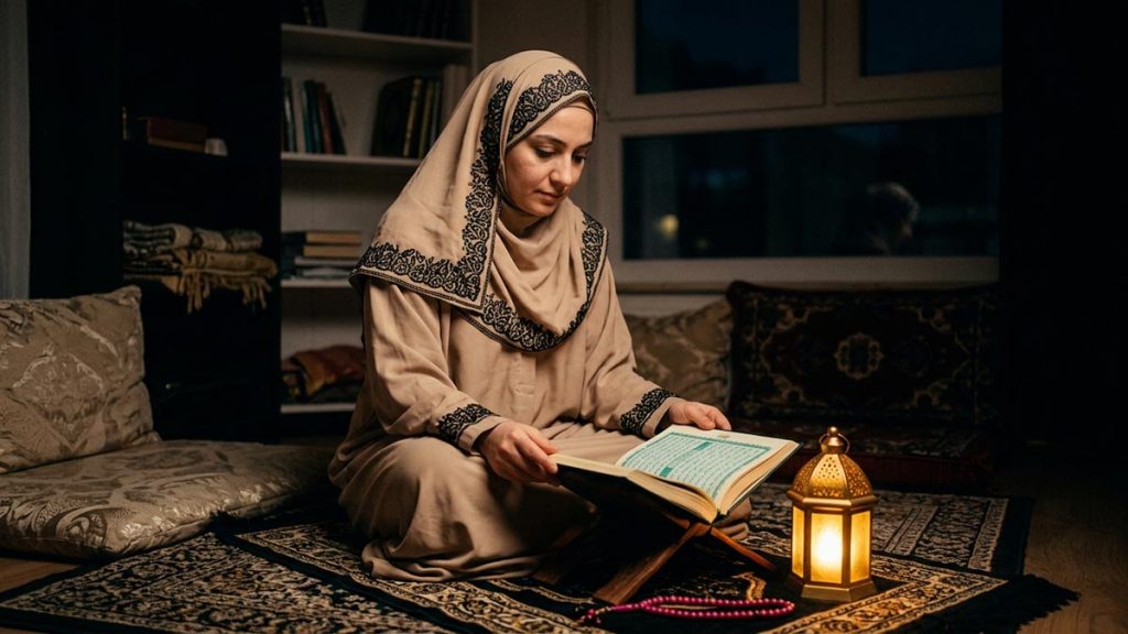 A Muslim woman in a home prayer corner during the final nights of Ramadan, an opening scene for the Dua for the Last Ten Nights.