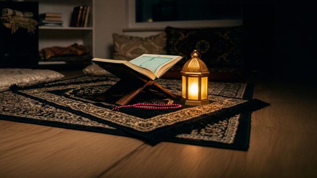 A still-life of an open Quran, a lantern and prayer beads on a mat at night, illustrating the Dua for the Last Ten Nights.