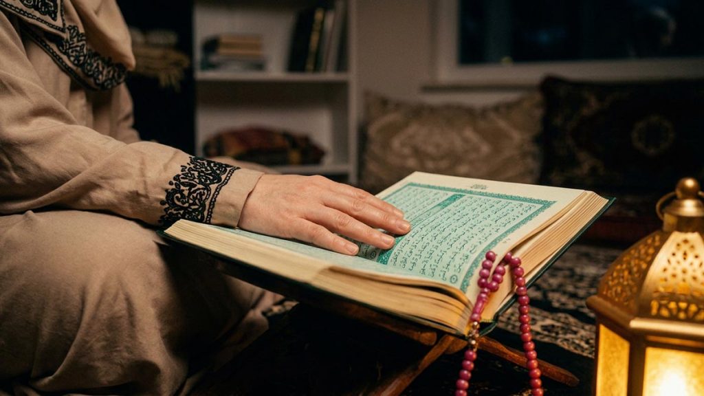 Close view of a Muslim woman's hands and the open Quran during the Dua for the Last Ten Nights.