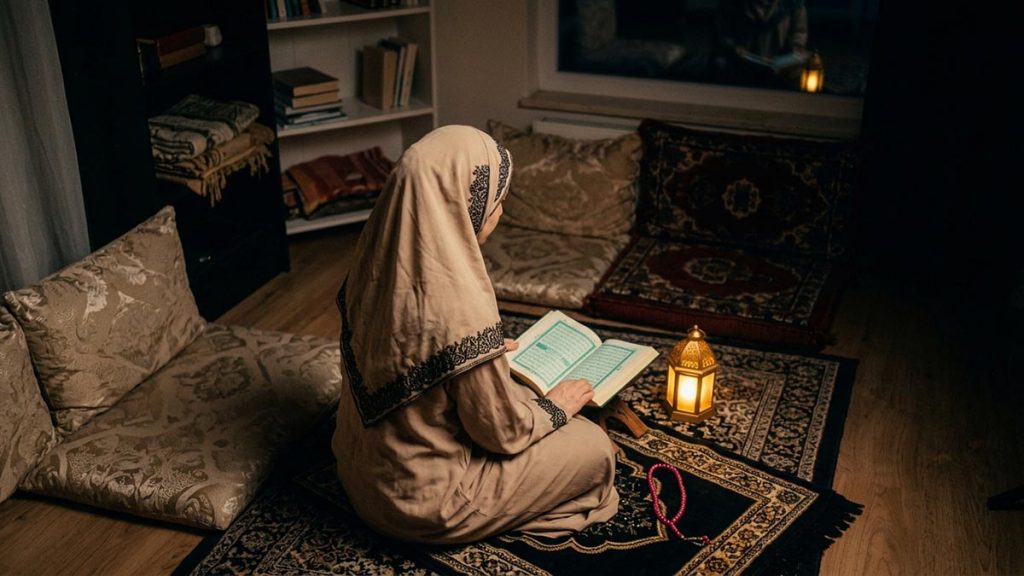 A Muslim woman seen from behind in a home prayer corner during the final nights of Ramadan, reflecting the Dua for the Last Ten Nights.