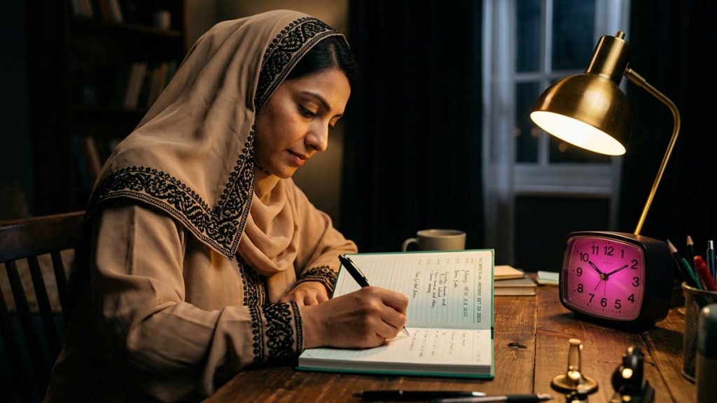 A Muslim woman at a desk where the day is being planned out, an opening scene for the Dua for Time Management.