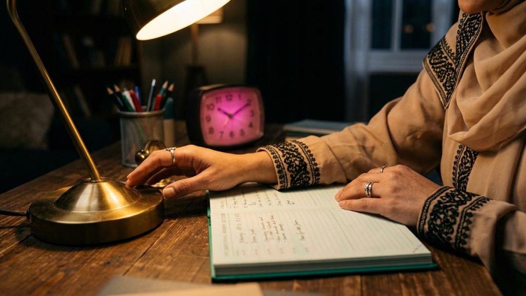 Close view of a Muslim woman's hands and the open diary during the Dua for Time Management.
