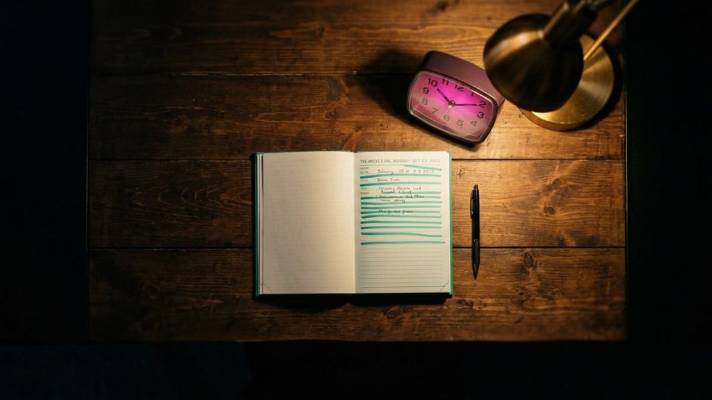 A still-life of an open diary, a pen and a small clock arranged on a desk, illustrating the Dua for Time Management.