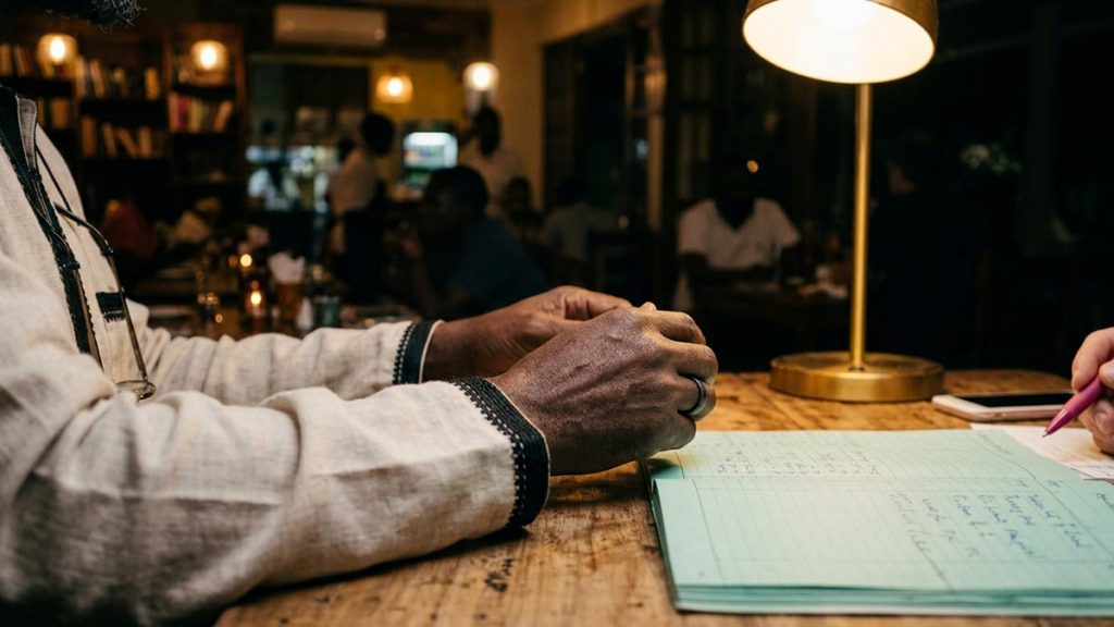 Close view of a Muslim man's hands and the open ledger during the Dua for Truthfulness.