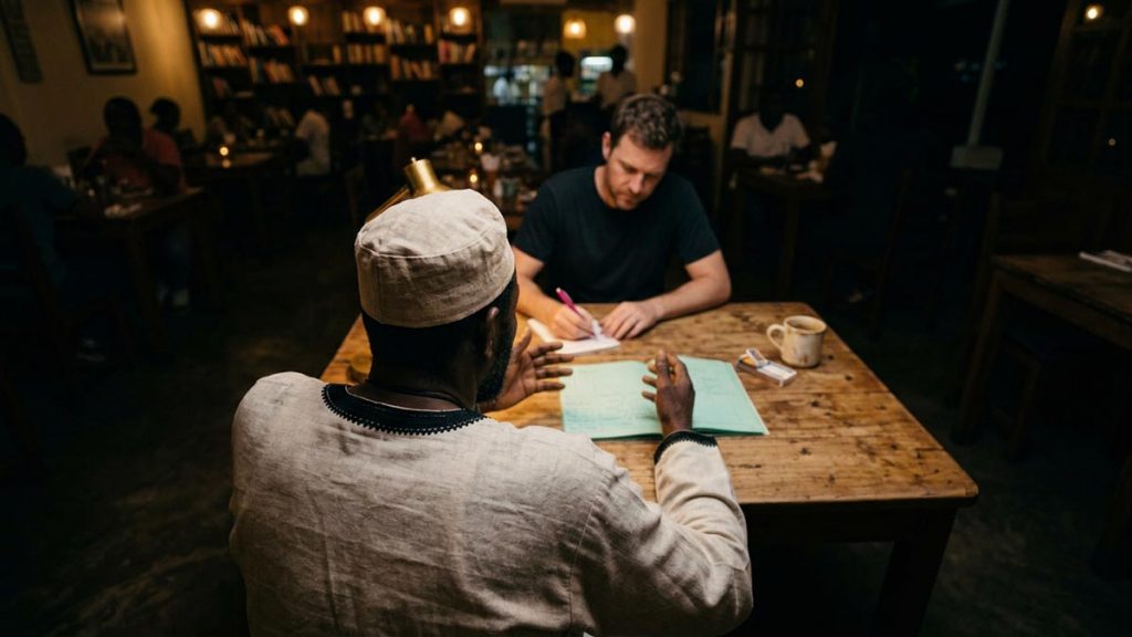 A Muslim man seen from behind at a table where an honest account is being given, reflecting the Dua for Truthfulness.