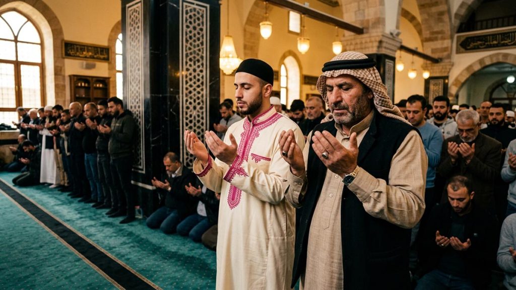 A Muslim family in a mosque hall where the community stands together, an opening scene for the Dua for Victory.