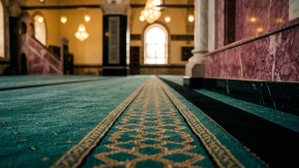 A still-life of an empty prayer line marked across a mosque carpet, illustrating the Dua for Victory.