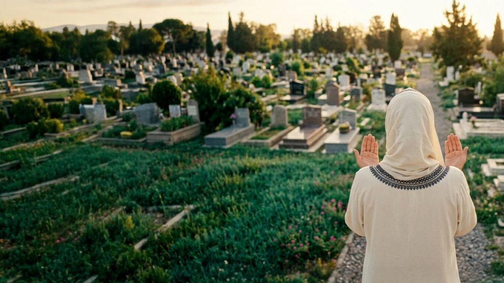 A Muslim woman seen from behind at the edge of a peaceful cemetery in the morning, reflecting the Dua for Visiting Graves.